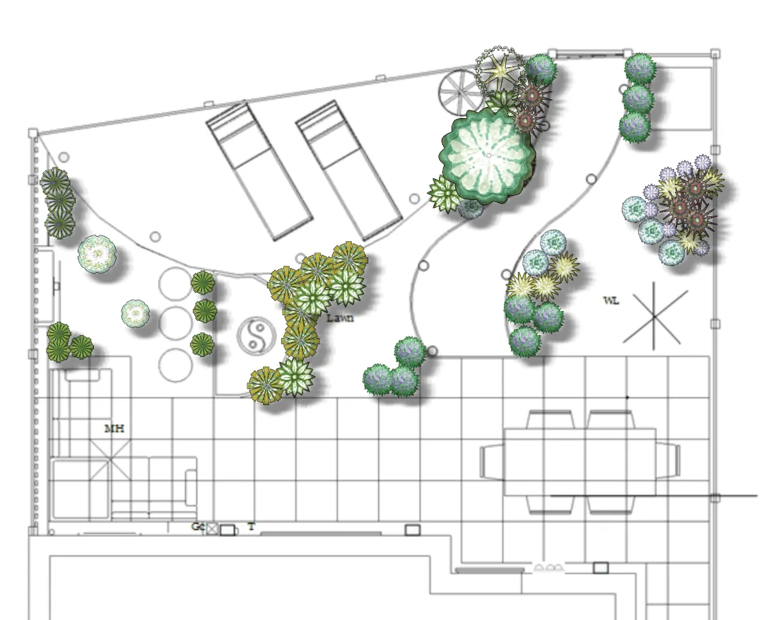 A Garden design and Feng Shui planting scheme and legend for a small urban garden.