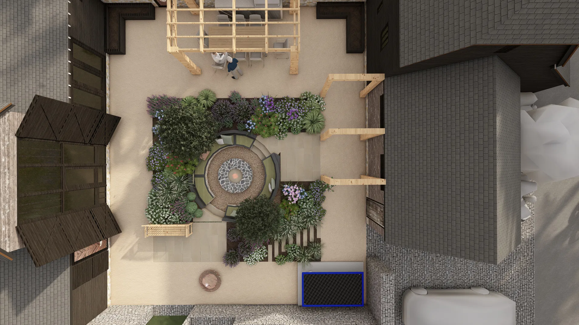 Assignment 8_birdsview A courtyard garden from birdsview with a fire pit in the center and panting around.