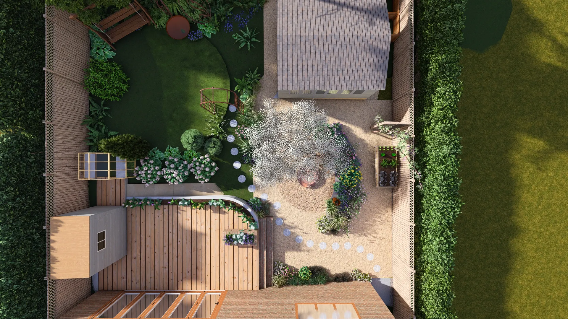 Birdsview A small garden with gravel area and secret garden area from birdsview.