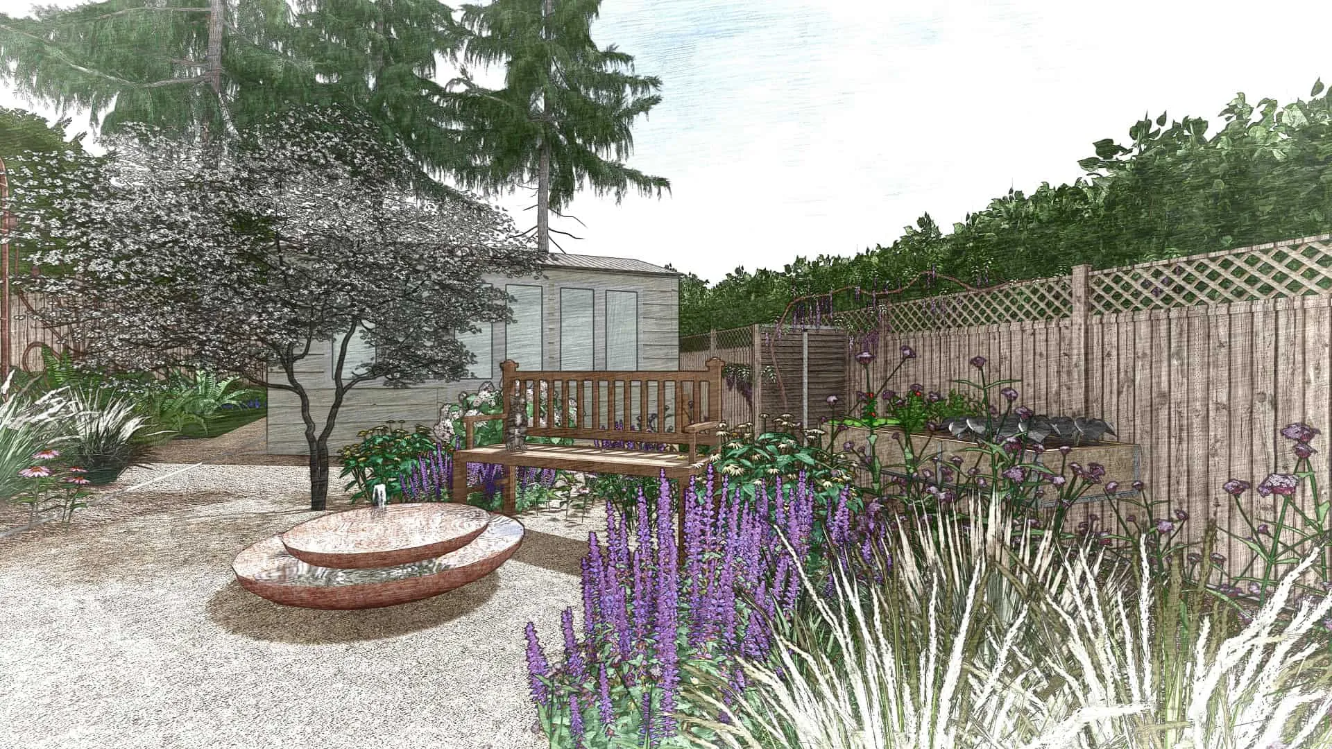 A water feature in a gravel garden