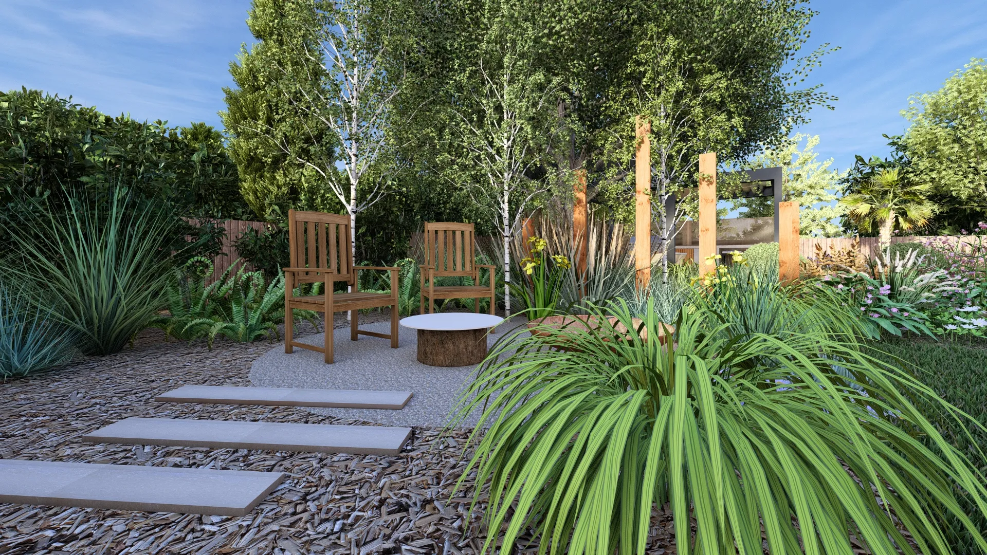 A rendered image of a hidden seating area in a garden surrounded by trees.