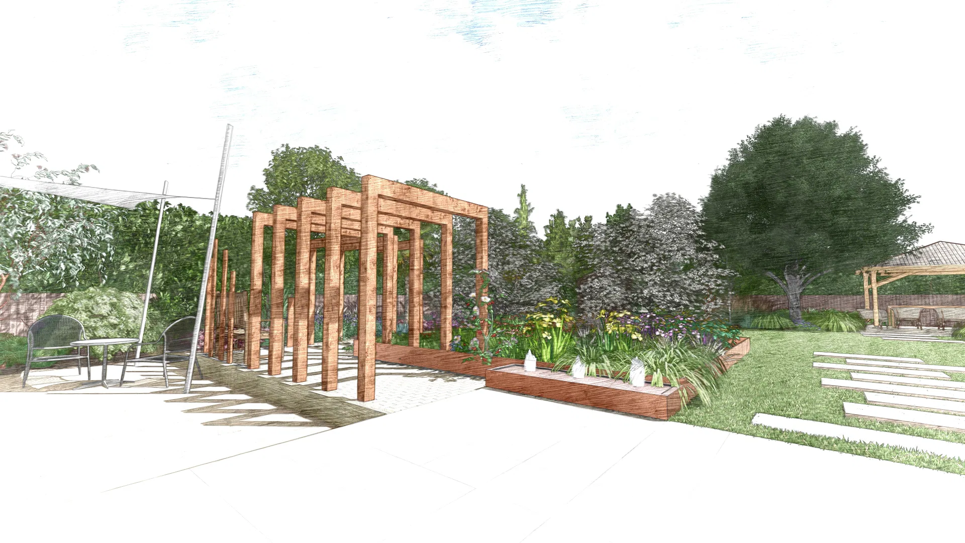 Sketch arbors garden design sketch with arbours and water table, project in Chichester.