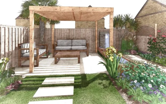 A sketch of a wooden pergola and a water fall feature.