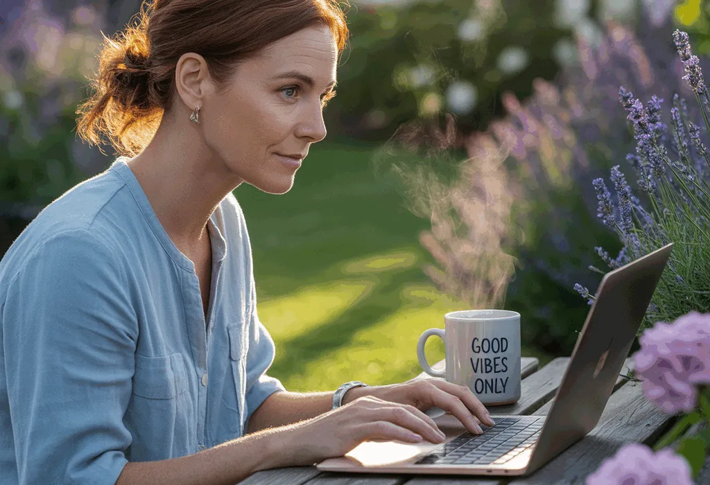 A woman working on her laptop on a garden table in a flowering garden.