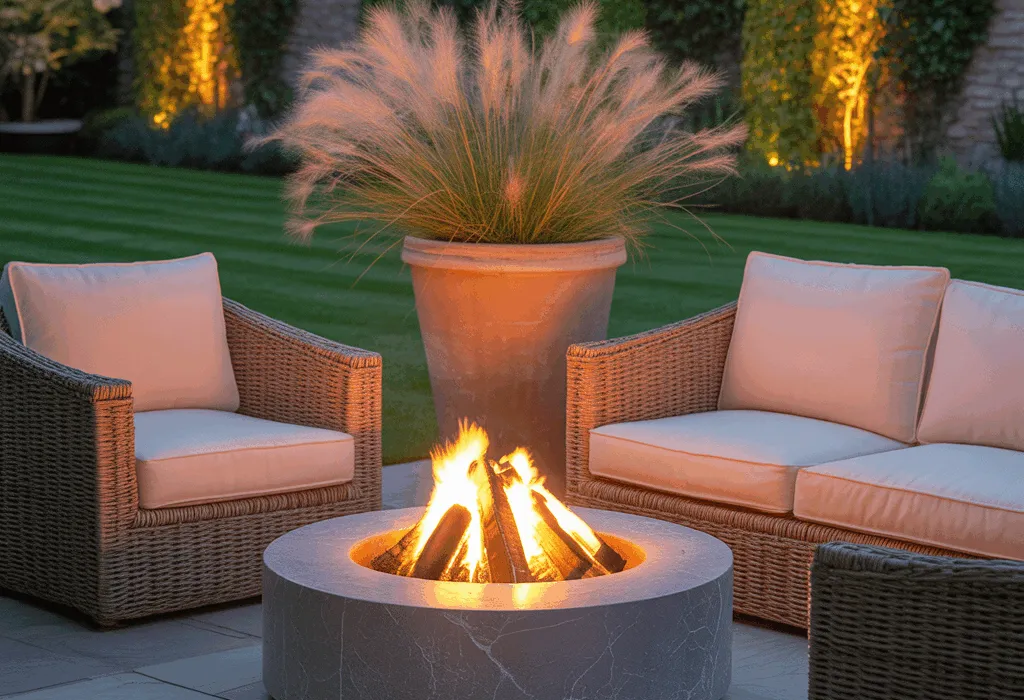 A round fire pit in a Sussex garden in autumn
