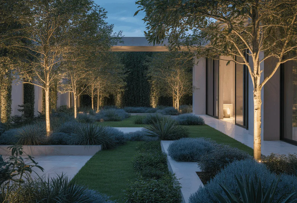 A modern courtyeard illuminated by outdoor lighting.