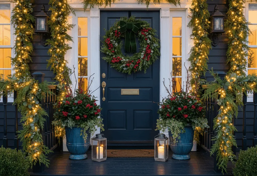 A festive decorated porch with a door Christmas wreath and garlands.
