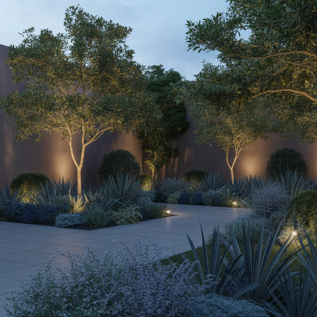 Outdoor lighting 2 A garden at night with uplighter illuminating multistem trees